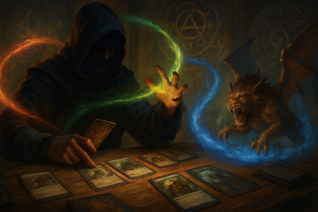 Illustration of flexible utility cards supporting multiple TCG deck plans across Pokemon, Lorcana, MTG, and One Piece