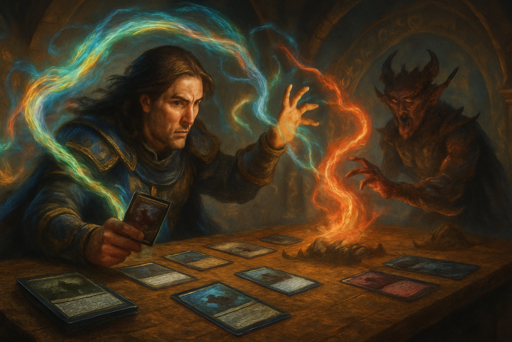 Open decklist MTG Standard match with players identifying sweepers and sideboard pivots