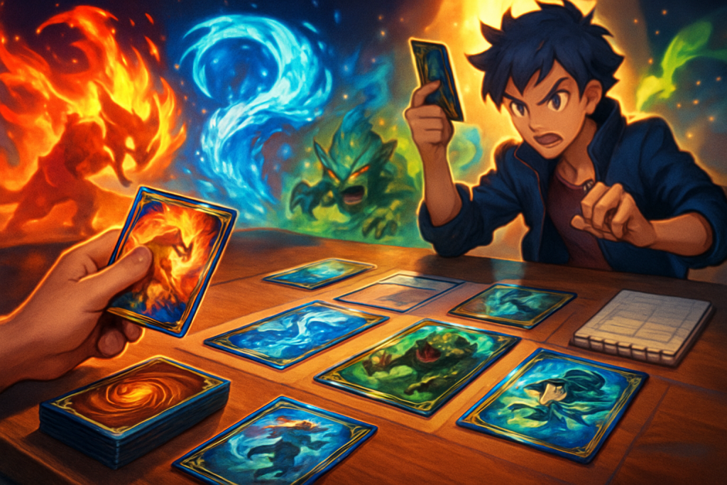 Tournament prep testing table with cards and planning notes