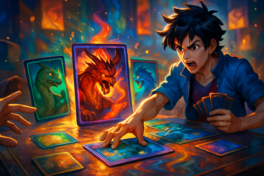 Focused in-round decision moment during a competitive card match